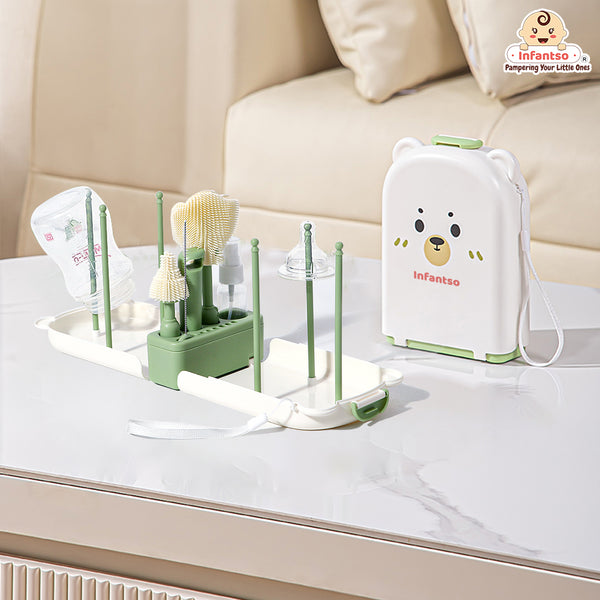 Infantso Foam-O 7-in-1 Baby Bottle Cleaning Brush Set – Silicone Bottle Cleaner Kit for Newborn Essentials with Pacifier Brush, Straw Brush, Drying Rack & Soap Dispenser