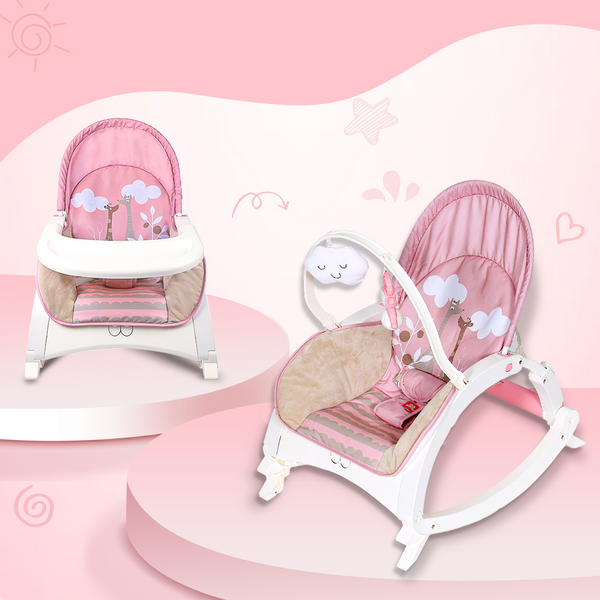 4-in-1 Baby Manual Rocker for 0 to 3 Years, Chair for Newborn with Neck Pillow, Calming Vibrations, Music & Toys, 3-Position Adjustable Backrest Swing with Feeding Tray