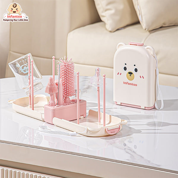 Infantso Foam-O 7-in-1 Baby Bottle Cleaning Brush Set – Silicone Bottle Cleaner Kit for Newborn Essentials with Pacifier Brush, Straw Brush, Drying Rack & Soap Dispenser