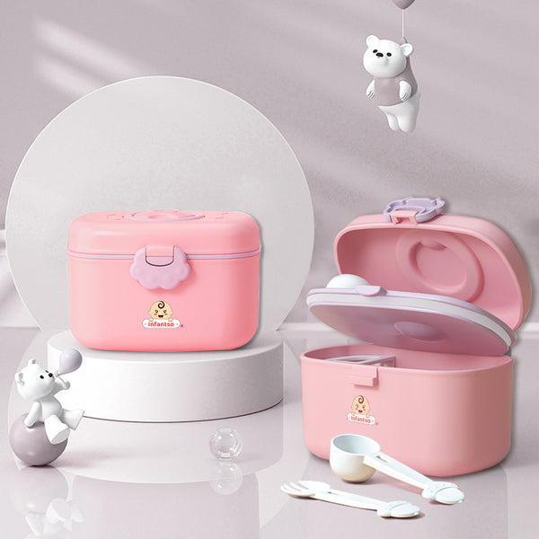 Infantso Feed Ease 2in1 Baby Milk Powder & Food Container (SMALL) – Bear Design | BPA-Free, Leak-Proof, Travel-Friendly with Spoon & Fork, Baby Essential Food Storage Box, Baby Milk Powder Box, Cute Bear Snack Box