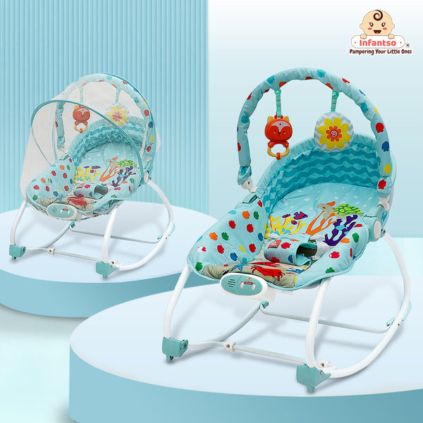 Manual Baby Rocker with Safety Harness & Mosquito Net | Infant Bouncer for 0-24 Months | Portable & Washable