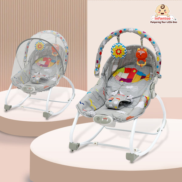 Manual Baby Rocker with Safety Harness & Mosquito Net | Infant Bouncer for 0-24 Months | Portable & Washable