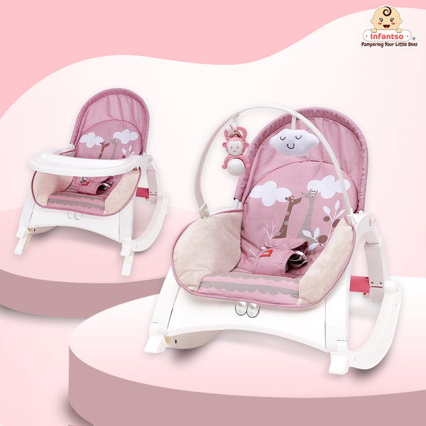 4-in-1 Baby Manual Rocker for 0 to 3 Years, Chair for Newborn with Neck Pillow, Calming Vibrations, Music & Toys, 3-Position Adjustable Backrest Swing with Feeding Tray
