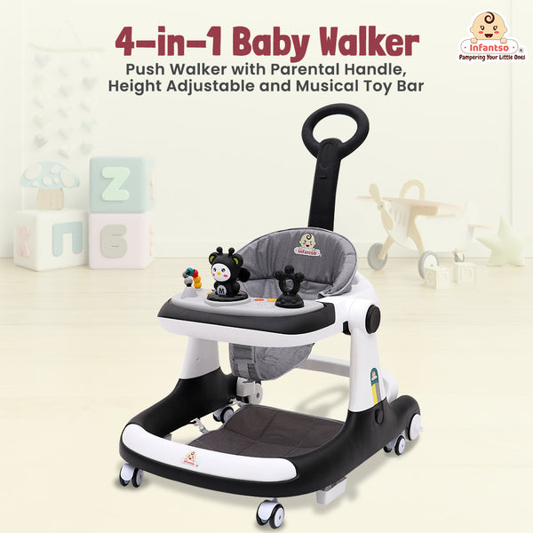 Premium Rectangular 4-in-1 Multi-functional Baby Walker: Walker, Bouncer, Feeding Tray, & Push Toy - Adjustable Speed & Height, Anti-Fall Brakes - 6-24 Months