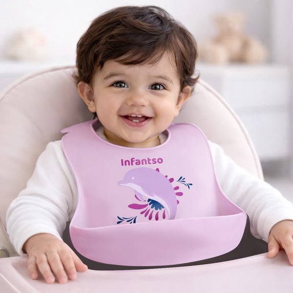 Infantso Silicone Ultra Thin Baby Bibs – Waterproof, Foldable, Adjustable Feeding Bibs with Deep Food Catcher Pocket (BPA‑Free, Suitable for 2+ Months)