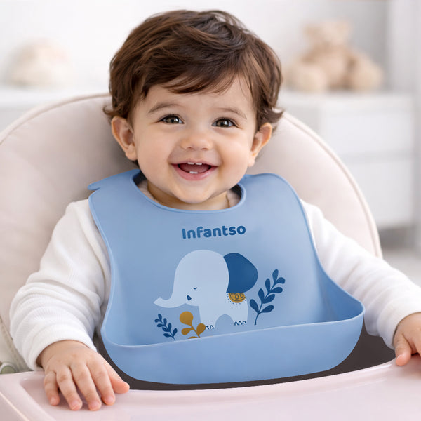 Infantso Silicone Ultra Thin Baby Bibs – Waterproof, Foldable, Adjustable Feeding Bibs with Deep Food Catcher Pocket (BPA‑Free, Suitable for 2+ Months)