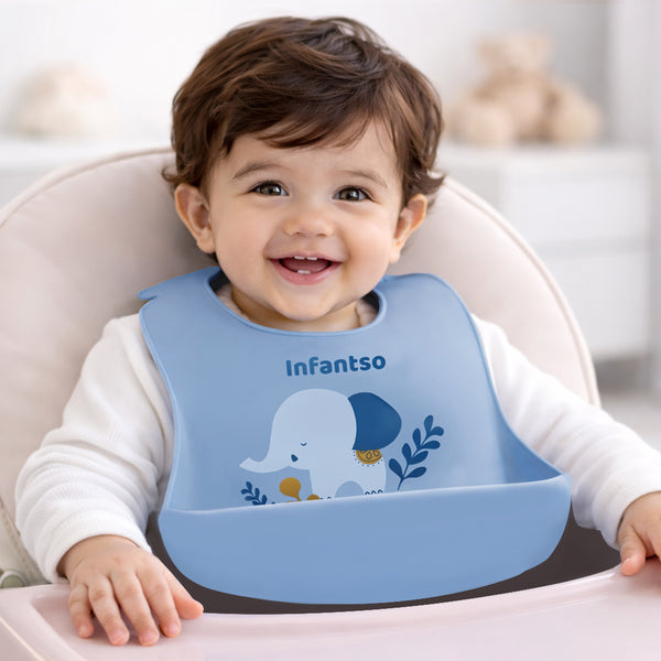 Infantso Silicone Ultra Thin Baby Bibs – Waterproof, Foldable, Adjustable Feeding Bibs with Deep Food Catcher Pocket (BPA‑Free, Suitable for 2+ Months)