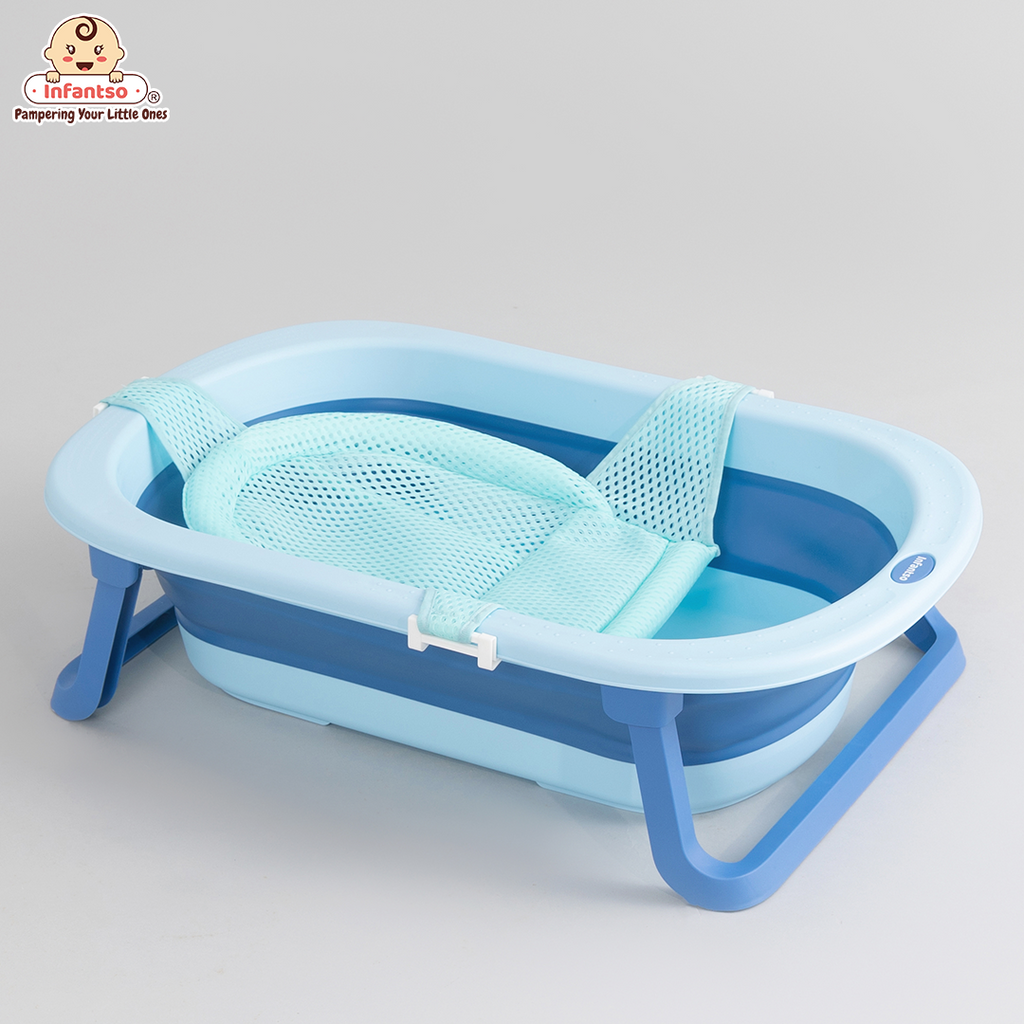 Infantso Anti Slip Foldable Collapsible Silicone Baby Bathtub with Bath Net and Baby Accessories for Newborns Toddlers 0 to 3 years