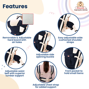 Product features: removable and Adjustable hard board back support with air holes, Adjustable side opening buckles, Adjustable waist belt with superior lumbar support,Adjustable chest strap for added support, front pocket to hold small items, easy Adjustable wide cushioned Shoulder straps