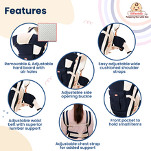 Product features: removable and Adjustable hard board back support with air holes, Adjustable side opening buckles, Adjustable waist belt with superior lumbar support,Adjustable chest strap for added support, front pocket to hold small items, easy Adjustable wide cushioned Shoulder straps