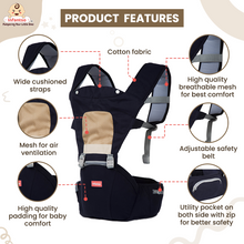 Infantso Baby Carrier Features: Cushioned Straps, Breathable Mesh, Adjustable Safety Belt, Padding, Zippered Pockets - Designed for Comfort and Convenience