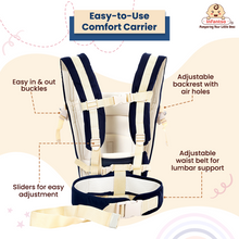 Easy-to-use baby carrier: simple buckle system, adjustable backrest with ventilation, adjustable waist belt for comfort, and convenient sliders for effortless adjustments