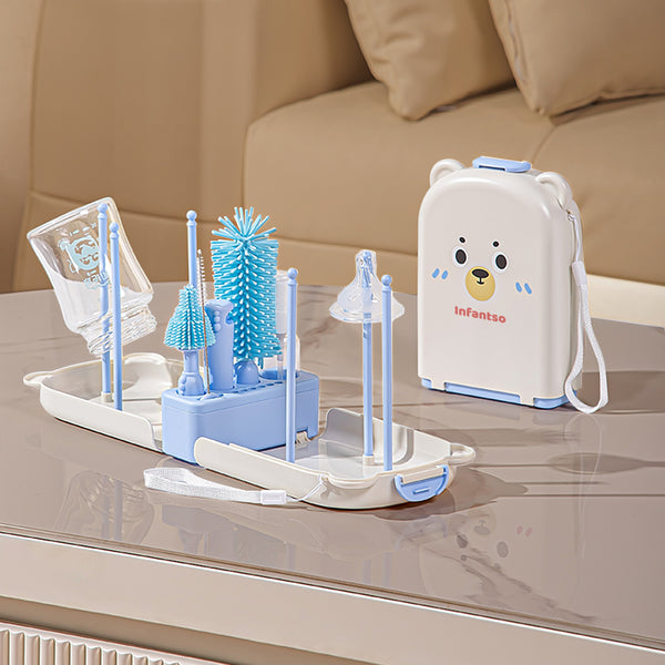 Infantso Foam-O 7-in-1 Baby Bottle Cleaning Brush Set – Silicone Bottle Cleaner Kit for Newborn Essentials with Pacifier Brush, Straw Brush, Drying Rack & Soap Dispenser