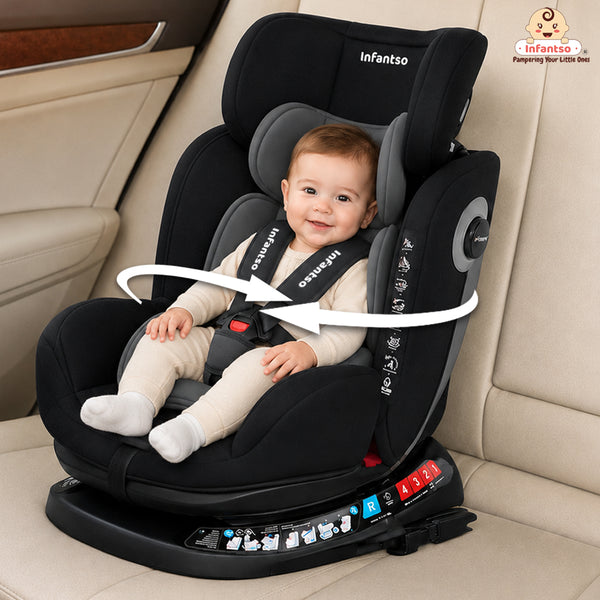 Infantso Ride-On 360° Rotating Recliner Baby Car Seat – Convertible, ISOFIX, Safety Harness, Ages 0–12 Years, 0–36 kg