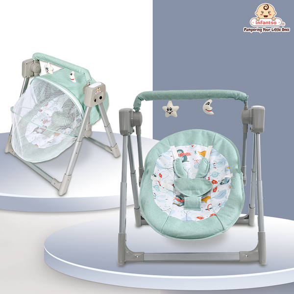 Automatic Swing Rocker with Bluetooth, Remote Control, 5 Speeds, Music, Timer, Mosquito Net & Toy Bar (0-2 Years), Holds weight upto 15kg