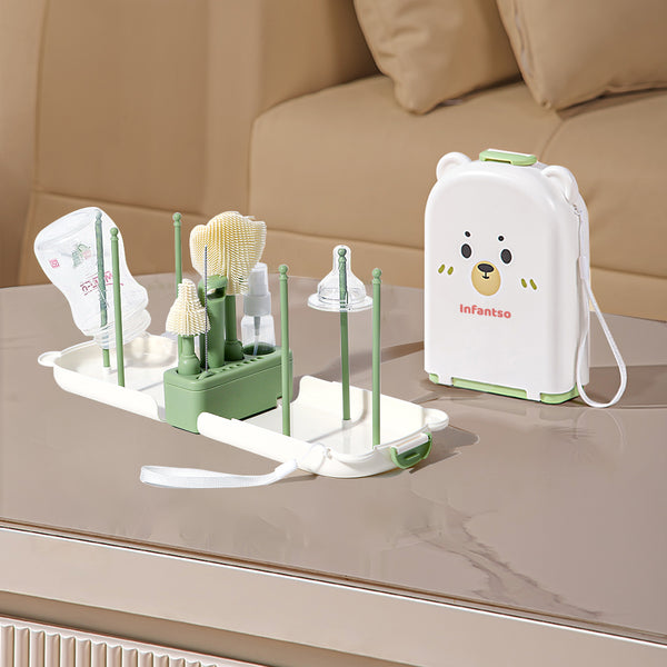 Infantso Foam-O 7-in-1 Baby Bottle Cleaning Brush Set – Silicone Bottle Cleaner Kit for Newborn Essentials with Pacifier Brush, Straw Brush, Drying Rack & Soap Dispenser