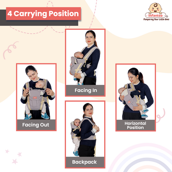 4 carrying positions: front-facing inward, front-facing outward, horizontal carry, and backpack carry