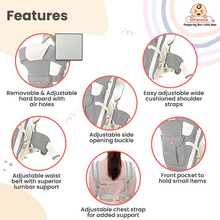 Product features: removable and Adjustable hard board back support with air holes, Adjustable side opening buckles, Adjustable waist belt with superior lumbar support,Adjustable chest strap for added support, front pocket to hold small items, easy Adjustable wide cushioned Shoulder straps