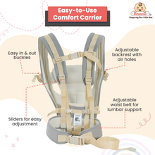 Easy-to-use baby carrier: simple buckle system, adjustable backrest with ventilation, adjustable waist belt for comfort, and convenient sliders for effortless adjustments