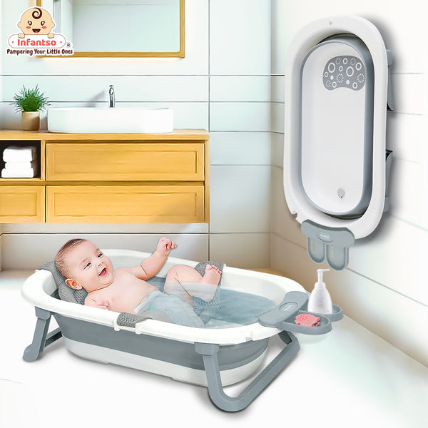 Anti-Slip Foldable Silicone Baby Bathtub with Bath Net and Baby Accessories for Newborns & Toddlers (0+ to 3 years)