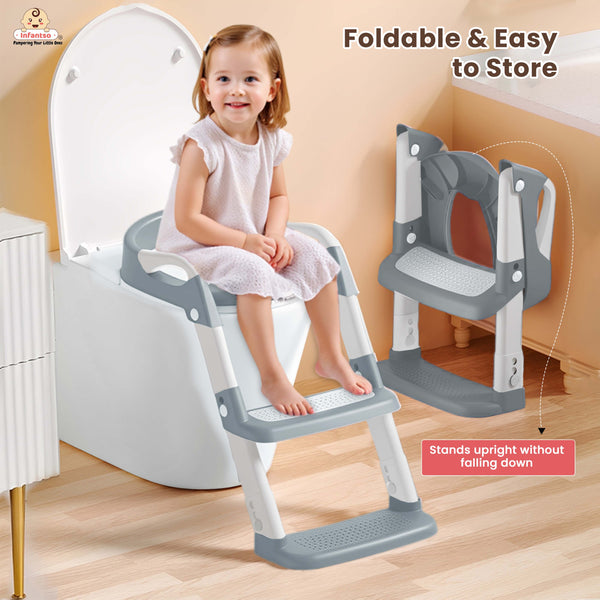 Infantso PLOOPI Step Potty Trainer Seat with Ladder for Kids (1–5 Years) | Foldable Design, 5-Level Height Adjustment, PU Cushion, Splash Guard & Safety Handles | Fits All Western Toilets