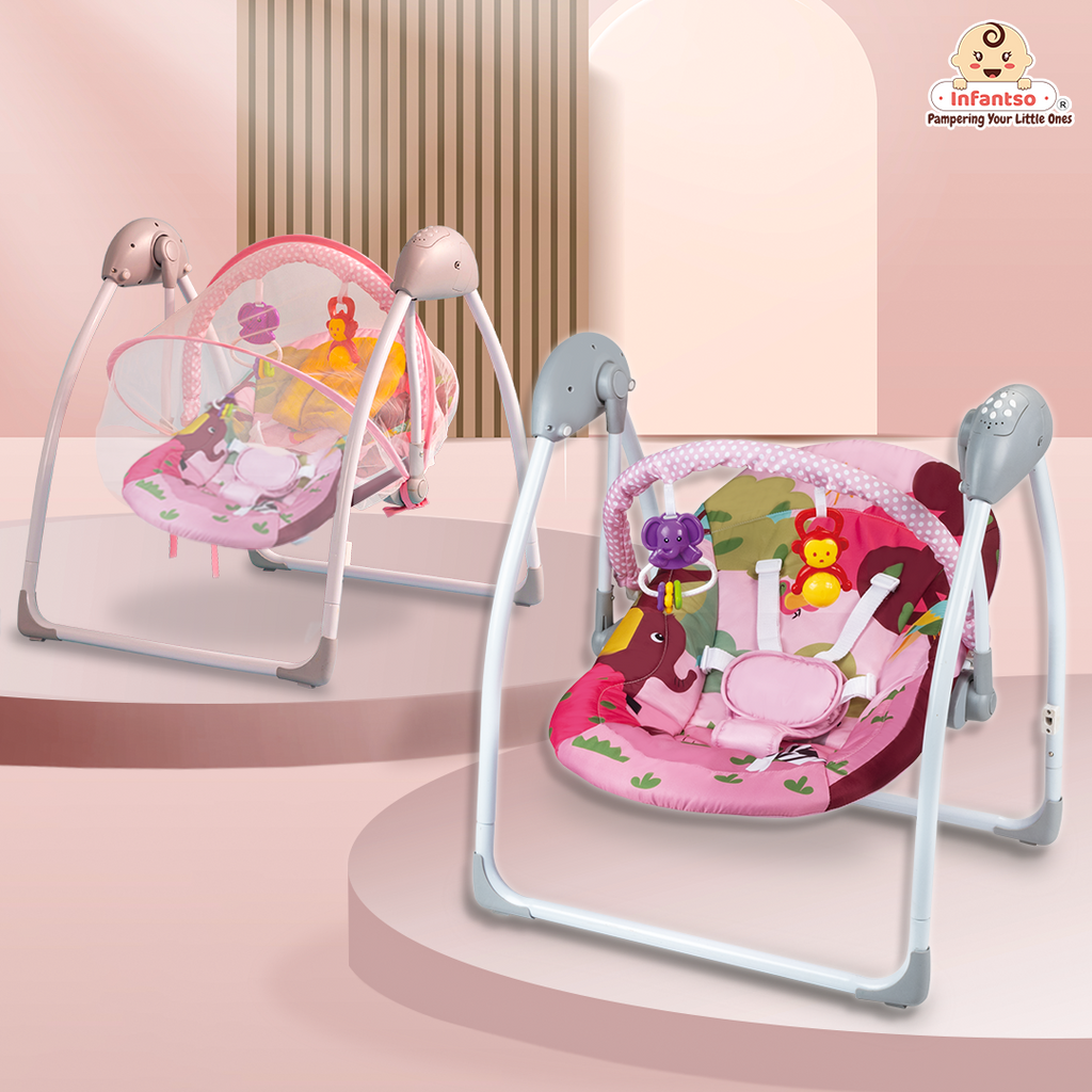 Automatic Baby Swing with Hanging Toys, Operates with Duracel and Remote Control for Newborn Baby, Safe Portable