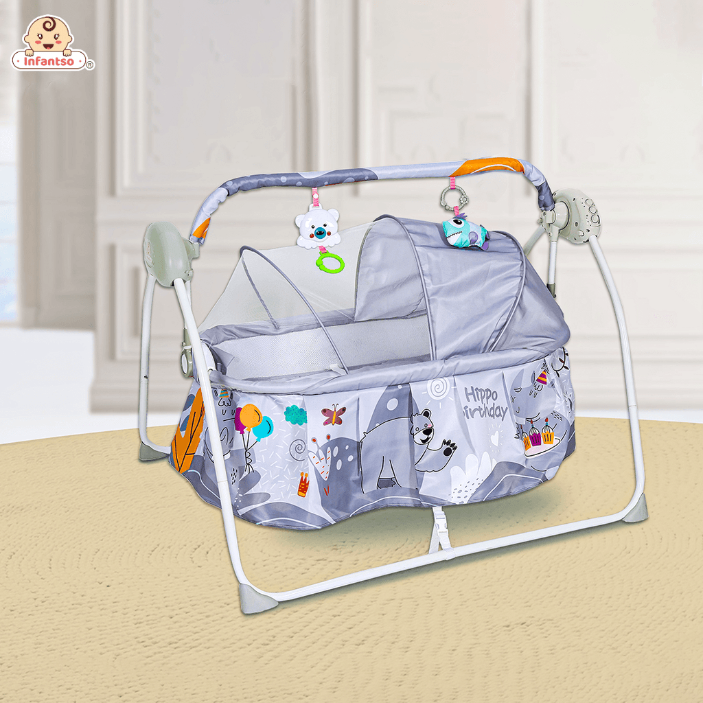Animal Print Automatic Baby Cradle Swing with 3-Point Safety